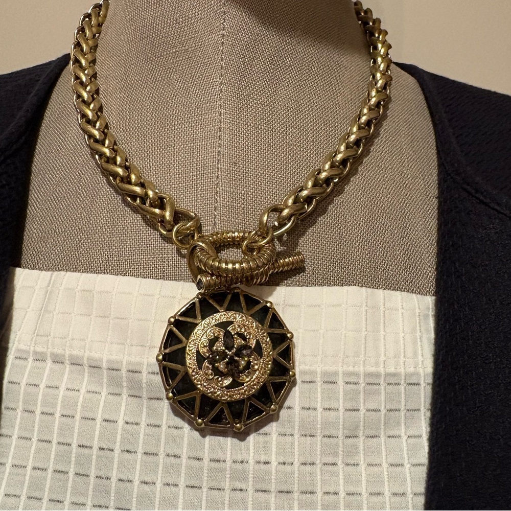 Gold and Black Pendant Necklace, Chunky Chain